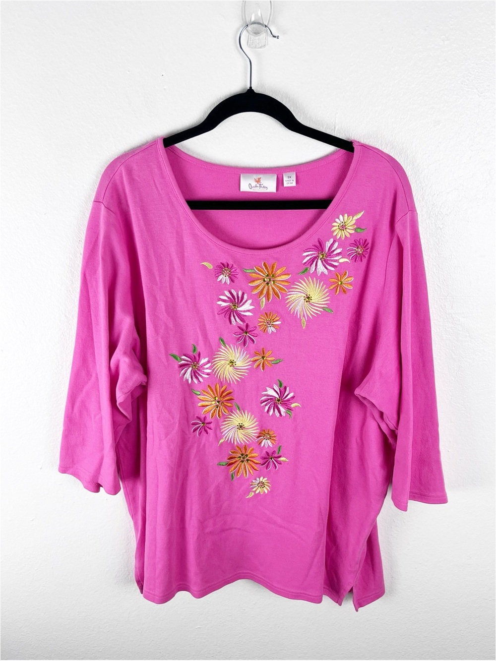 QUACKER FACTORY Pink Floral ‘Embroidery 3/4 Sleeves Top 3X Casual Grandmacore